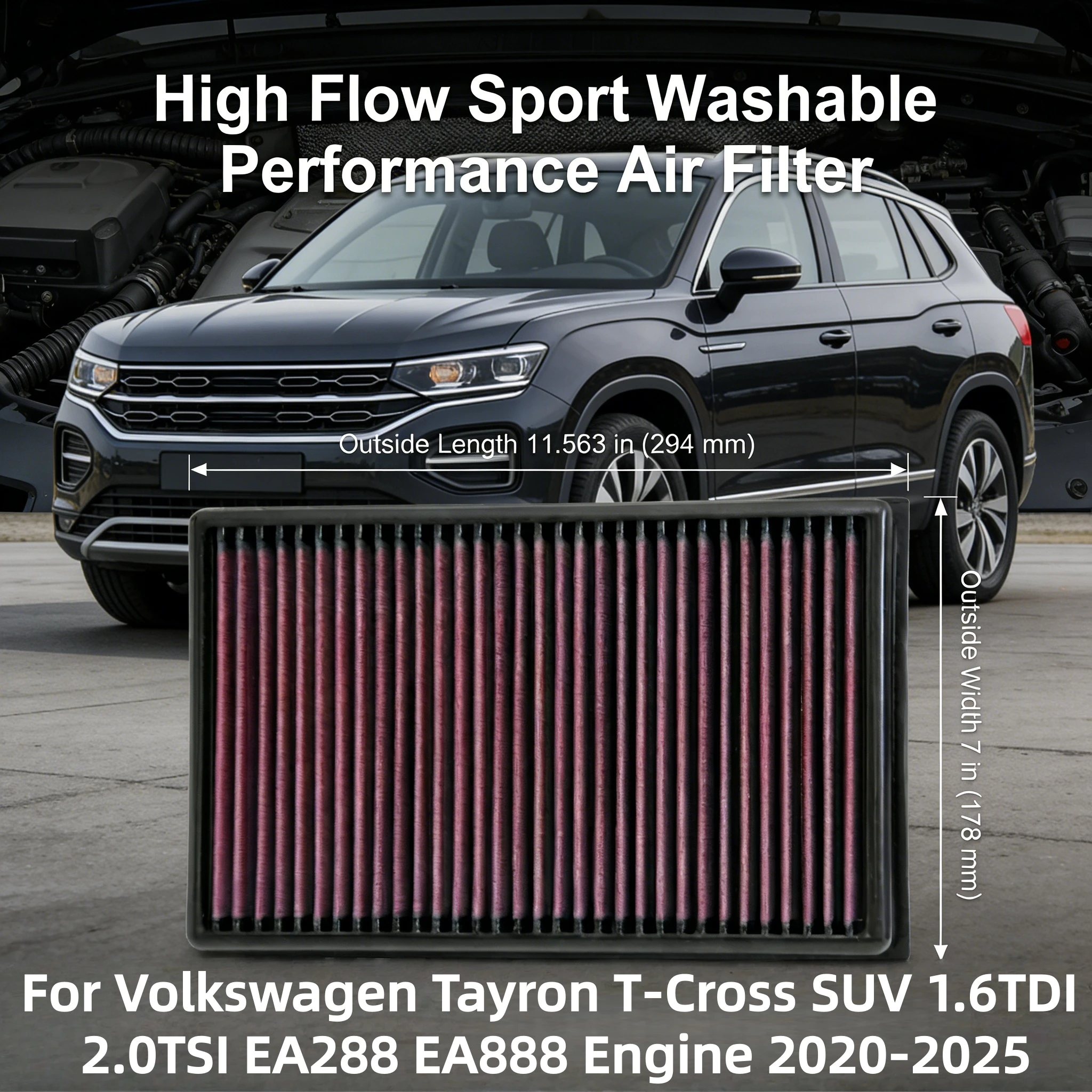 

Высокопроизводительный моющийся спортивный воздушный фильтр для Volkswagen Tayron T-Cross SUV, двигатели 1.6TDI 2.0TSI EA288 EA888, 2020-2025 гг.