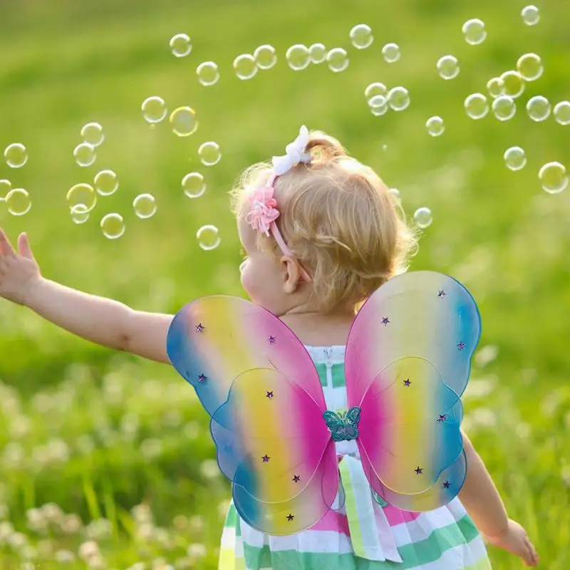 Feenkostüm für Mädchen, Feenkostüme für Kinder mit Lichtern, 4-teiliges Lichtern, Feenflügel-Packung, Schmetterlingsstab, Cosplay