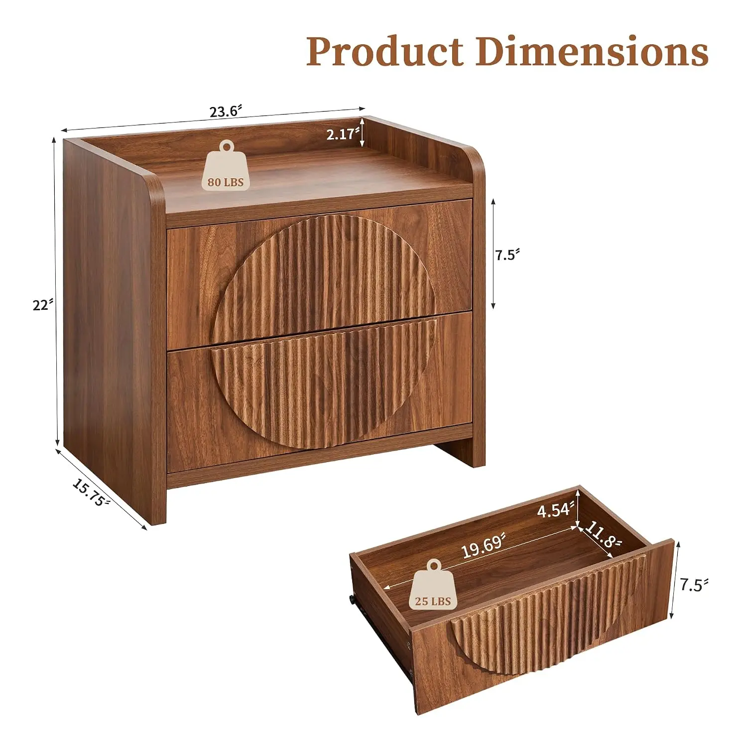 24 Inch Fluted Nightstand with 2 Drawers, Mid Century Modern Wooden Bedside End Table for Bedroom Storage, Walnut, Customized
