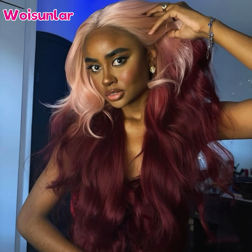 

36 inches Ombre pink and burgundy Front Lace wigs human hair 13x4 Transparent Lace Body wave Black Women Natural 100% human hair