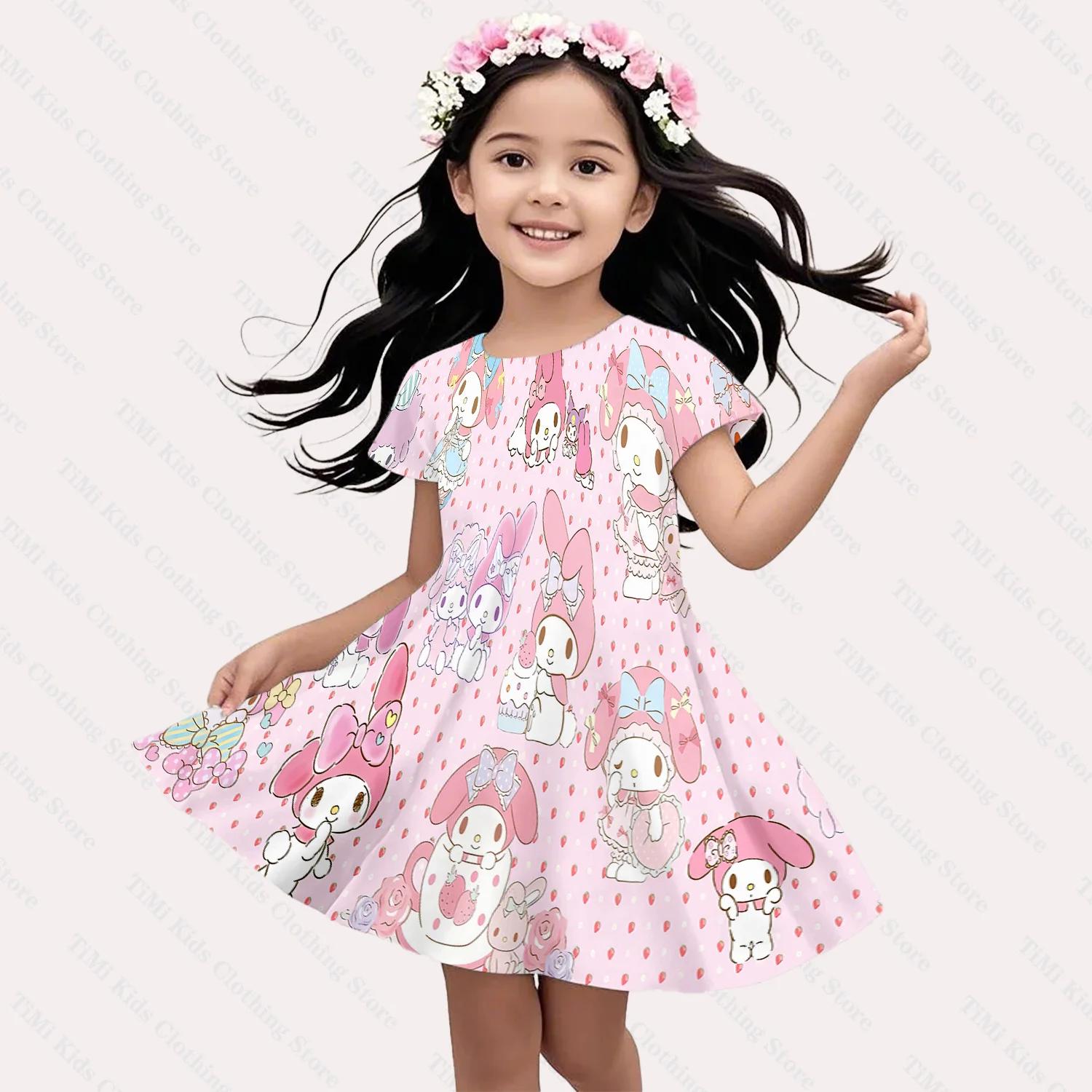 

New Summer Gift for Girls Cartoon Short Sleeve Dress Kawaii Kuromi 3D Printed Casual Party Wear Parent Child Matching Outfit