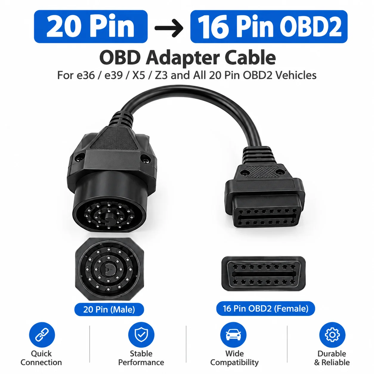 20 Pin to 16 Pin OBD2 Adapter Cable, 20 Pin OBD to OBD2 Connector for Compatible Vehicles, 16 Pin Female Diagnostic Adapter