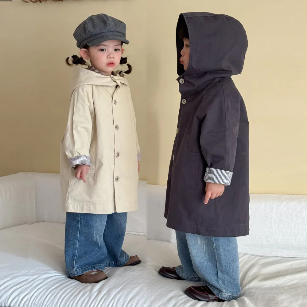 2026 Spring Autumn New Kids Hooded Windbreaker, Loose Mid Length Coat For Baby Boys And Girls Casual Outerwear Jacket