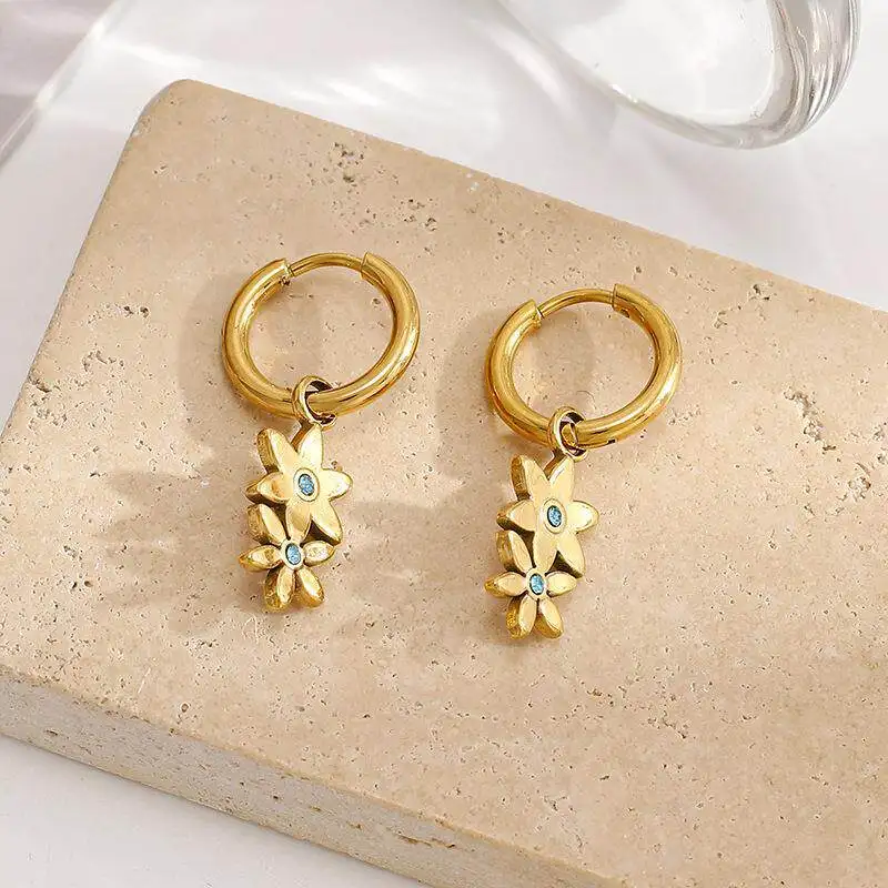 

Gold Plated Stainless Steel Diamond Embedded Flower Earrings Women's High-End Versatile Drop Earrings Fashion Jewelry