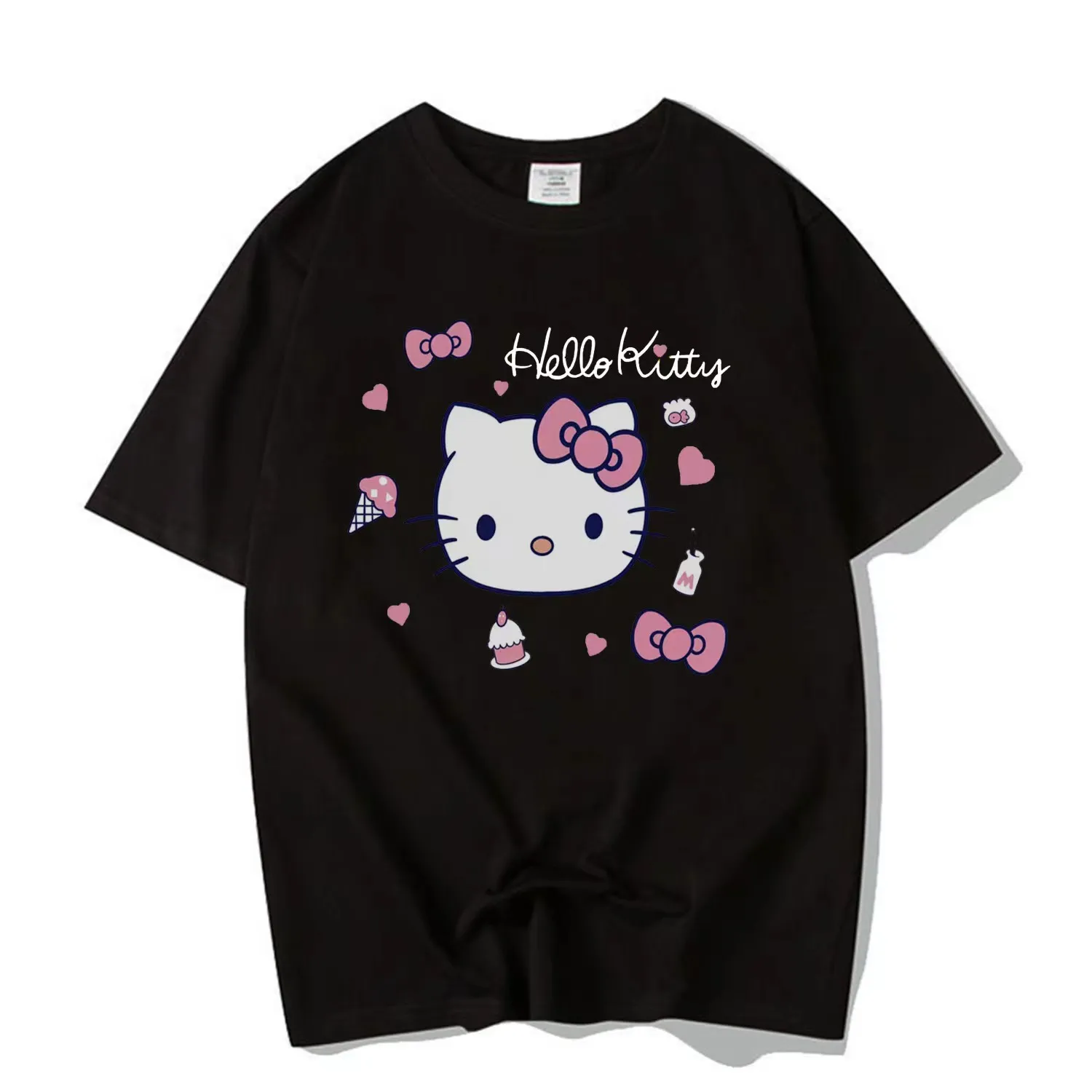 Hello Kitty T-shirt 100%Cotton Printed Cartoon  Girl Summer Student Loose Casual Short-sleeved  Woman Fashion