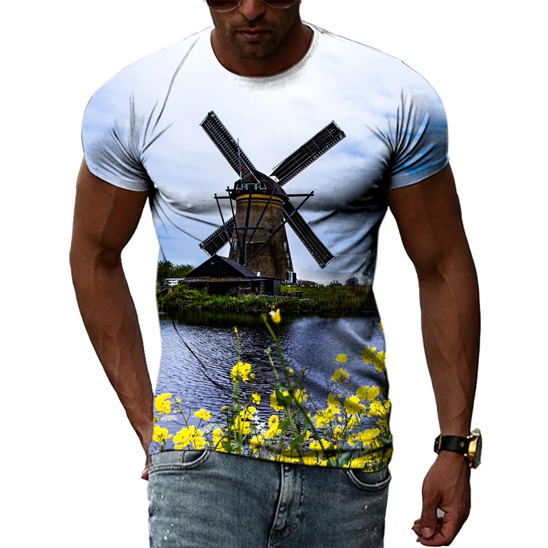 

Summer Original Windmill Graphic t-shirts 3D Fashion Men Casual Taste Printed Tees Hip Hop Personality Street Style O-Neck Tops