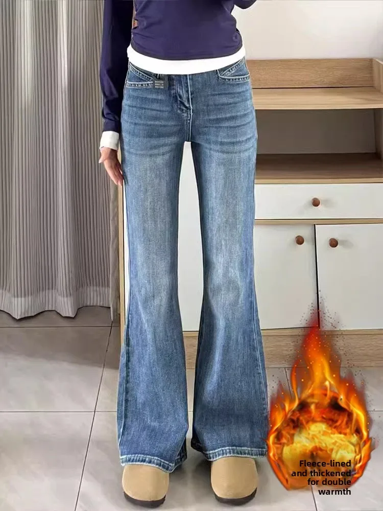 

plus Size Elastic Fleece Lined Micro Flared Denim Jeans Women's High Waist Slim Straight Leg Hoof Pants Casual Wear