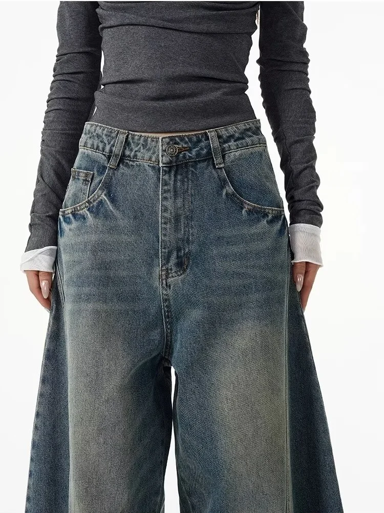 Street Fashion American Retro Blue Gray Denim Pants Trendy Denim Zipper Wide Leg Loose Straight Leg Pants Pantalones Baggy Mujer