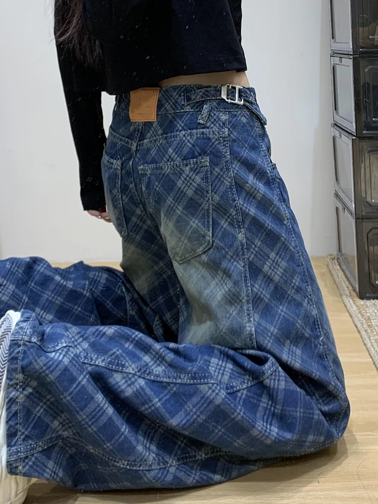 

Retro Plaid Adjustable Waist Belted Denim Pants Men's Washed Folded Personality Long Trousers American Decomposition Knife