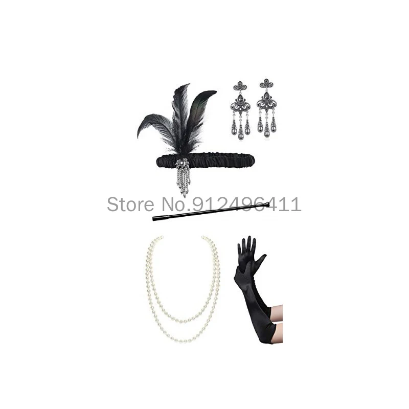 Ladies Gatsby Fancy Dress Accessories Flapper 1920'S Charleston Girl Costume Set For Necklace Headband Gloves Cigarette Holder