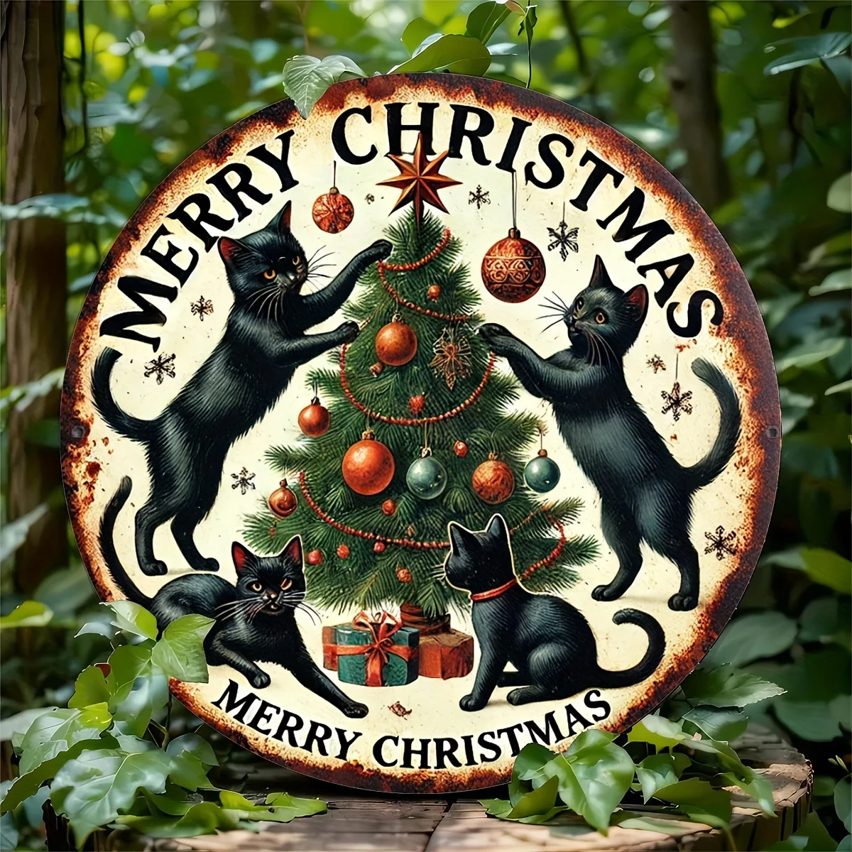 Saisonale Charm, Frohe Weihnachten, schwarze Katze, 20,32 x 20,32 cm, rundes Metallschild – perfekt für Zuhause, Bar, Café und Garagendekoration |   Ideales Ho