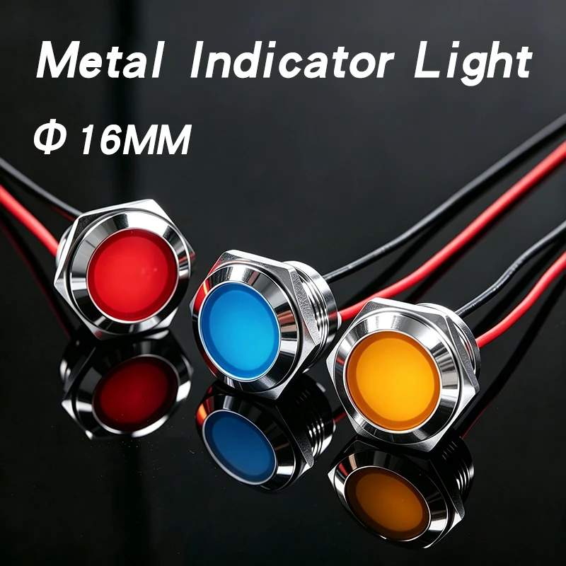 16mm Ball Head Single‑Color Metal Waterproof LED Indicator Light with Wire 6V24V220V Red Green YellowBlue White