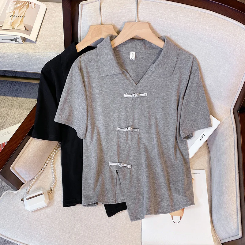 Summer XL-4XL Oversize Cotton T-shirt Female Irregular Short-sleeve Loose Large Size Top V-neck Chinese Style Button Retro Split