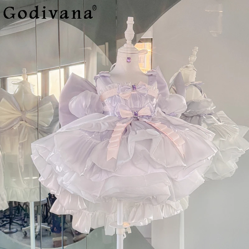 

Sweet Baby Girls Purple Cute Princess Dress Big Bow Children Kids Cos Strapless Lolita Birthday Party Puffy Gown Tutu Dresses