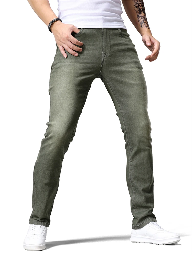 

ArmyGreen эластичные тонкие джинсы мужская мода удобные мягкие повседневные джинсовые брюки весна осень новые корейские брюки мужская одежда