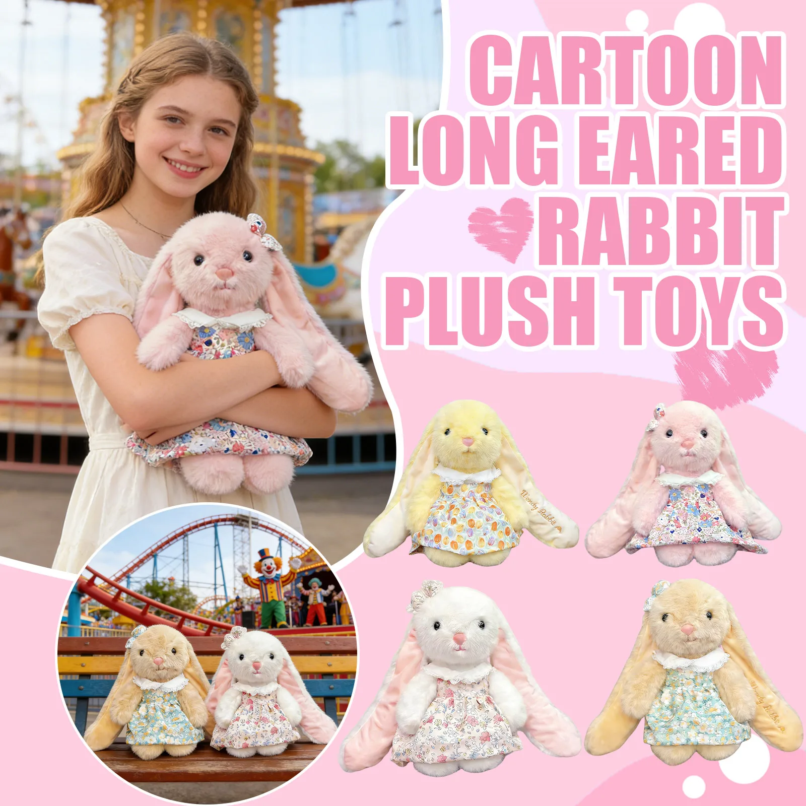 

Cartoon Long-Eared Rabbit Plush Toy Soft Stuffed Bunny with Floral Dress for Kids Play and Home Decor Perfect Easter Gift