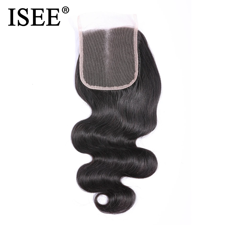 ISEE HAIR Brazilian Body Wave Closure Free Part Hand Tied 100% Remy Human Hair 4*4 Lace Closure Nature Color
