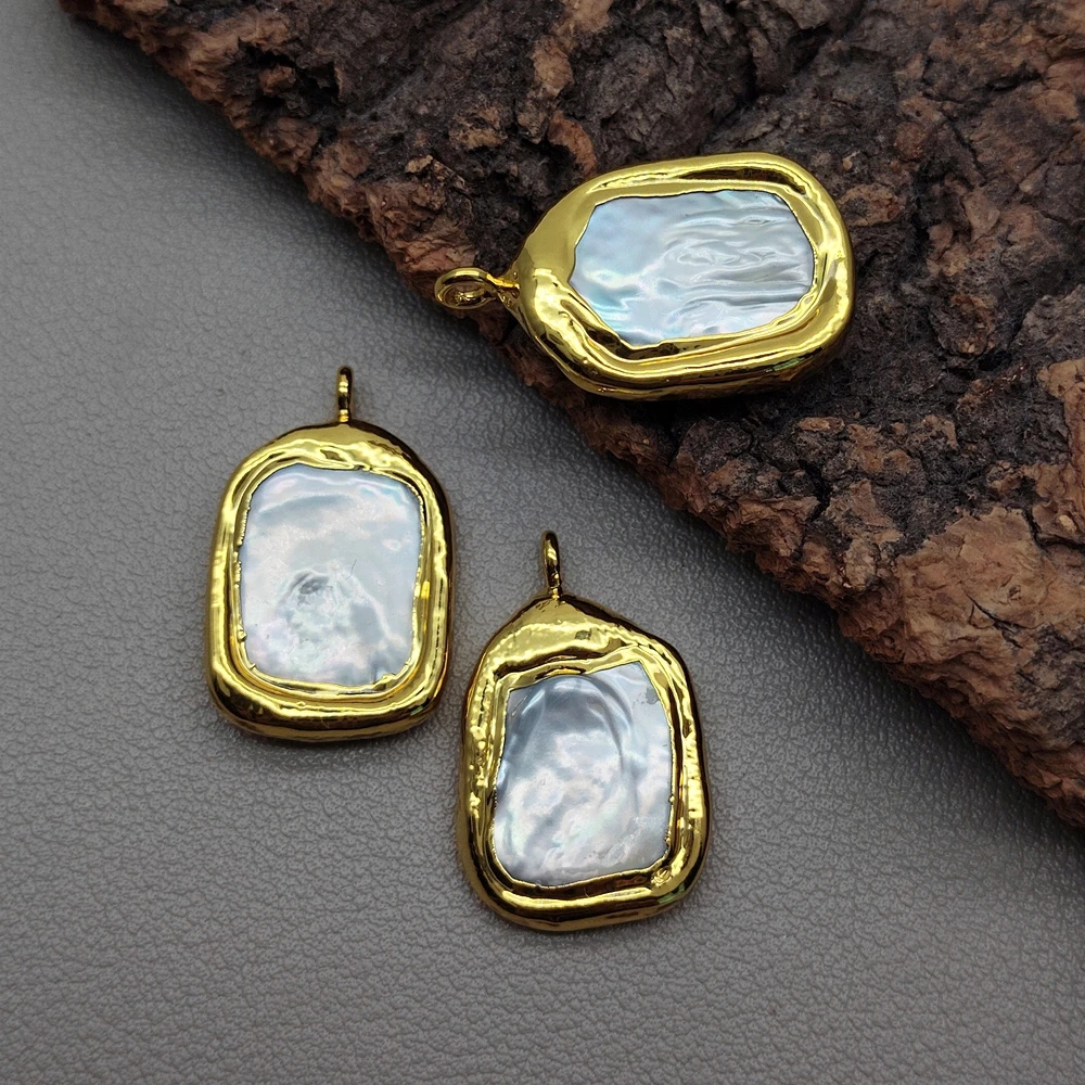 Wholesale 10pc 16x21mm natural white rectangle freshwater pearl gold plated edging pendant