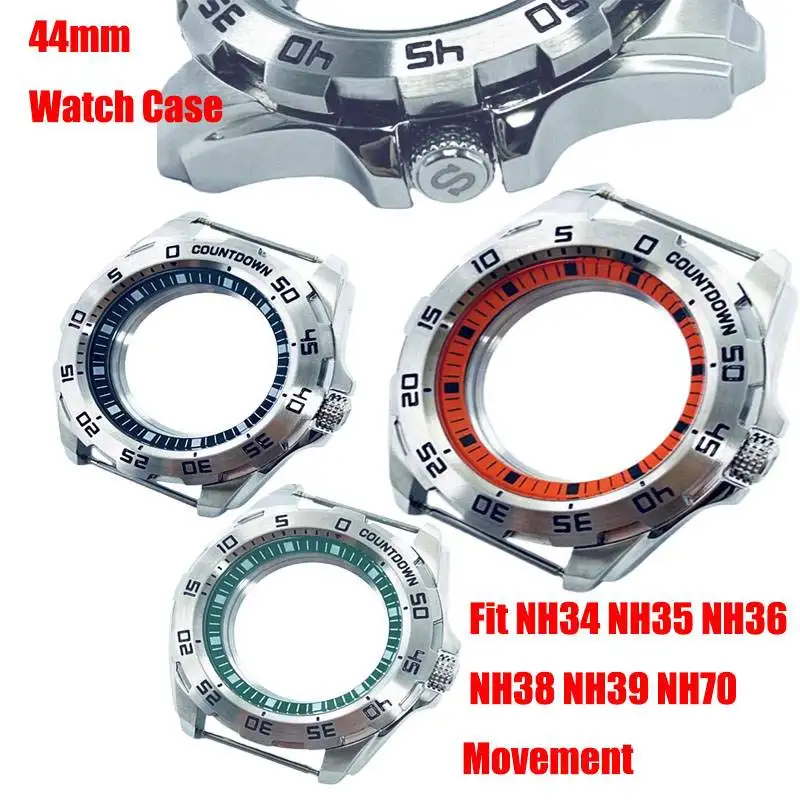

44mm Silver Stainless Steel Watch Case Chapter Ring Black Green Mineral Glass Fit for NH34 NH35 NH36 NH38 NH39 NH70 Movement