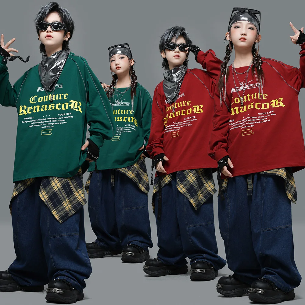 

Детская группа, одежда в стиле хип-хоп, зеленый, красный свитшот с буквами, джинсовые синие мешковатые джинсы, брюки для девочек и мальчиков, костюм для уличных танцев, одежда