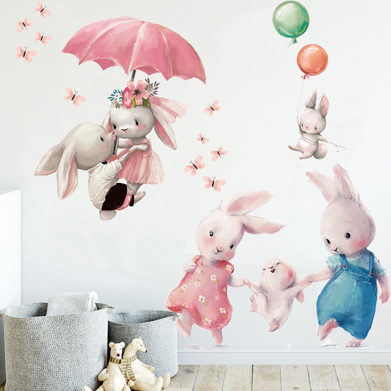 Cartoon Pink Baby Rabbit Wall Stickers Hot Air Balloon Decals Kids Room Nursery Wall Decorative Vinyl Kawaii Bunny PVC Wallpaper