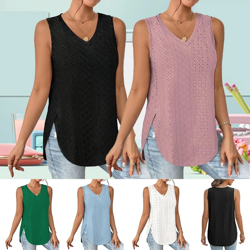 

2024 Women's Sleeveless Tank Top Casual Solid Color V-neck Tank Top Women's Pullover Loose Hollow Jacquard Lace Tank Top