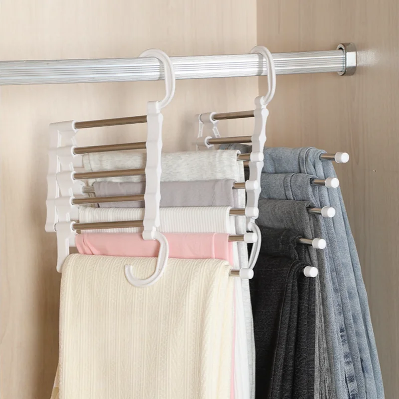 Stainless Steel Hangers Storage Tie Clips Multi-function 5 Layers Clothes Pants Rack Jeans Drying Rack Double Hooks Save Space
