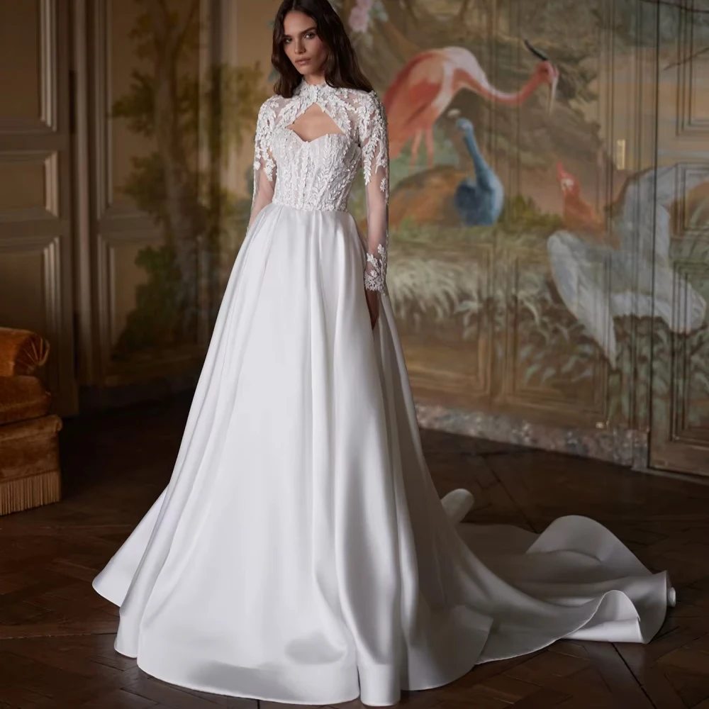Customized Detachable Sleeve Glitter Appliques Wedding Dress Romantic Sweetheart Neck Bridal Gown Satin Long Dresses Bridal Gow