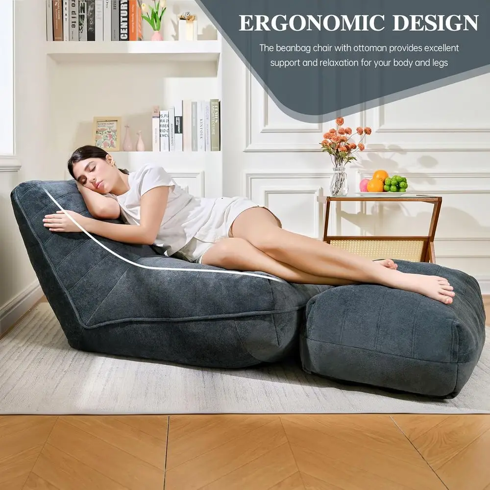 أريكة بين باج من إسفنج الذاكرة مع مسند، أريكة كسولة مريحة لغرف المعيشة وغرف النوم والشقق - أزرق رمادي #4