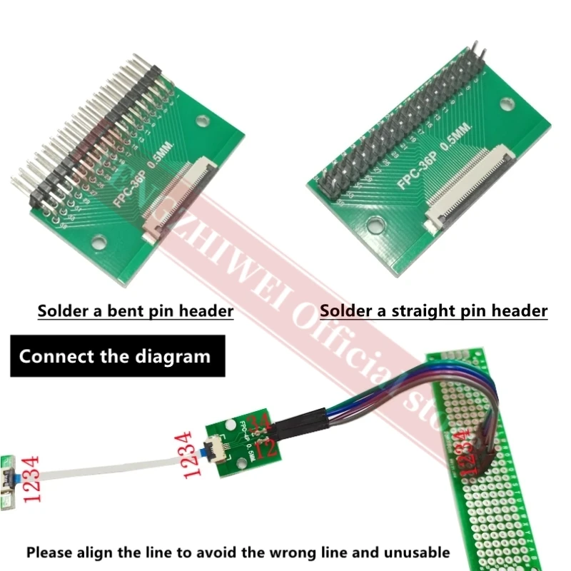 Placa adaptadora piezas FFC/FPC de 0,5 MM-36P a 2,54 MM, conector abatible de 0,5 MM-36P, soldada, cabezales de pin recto y doblado