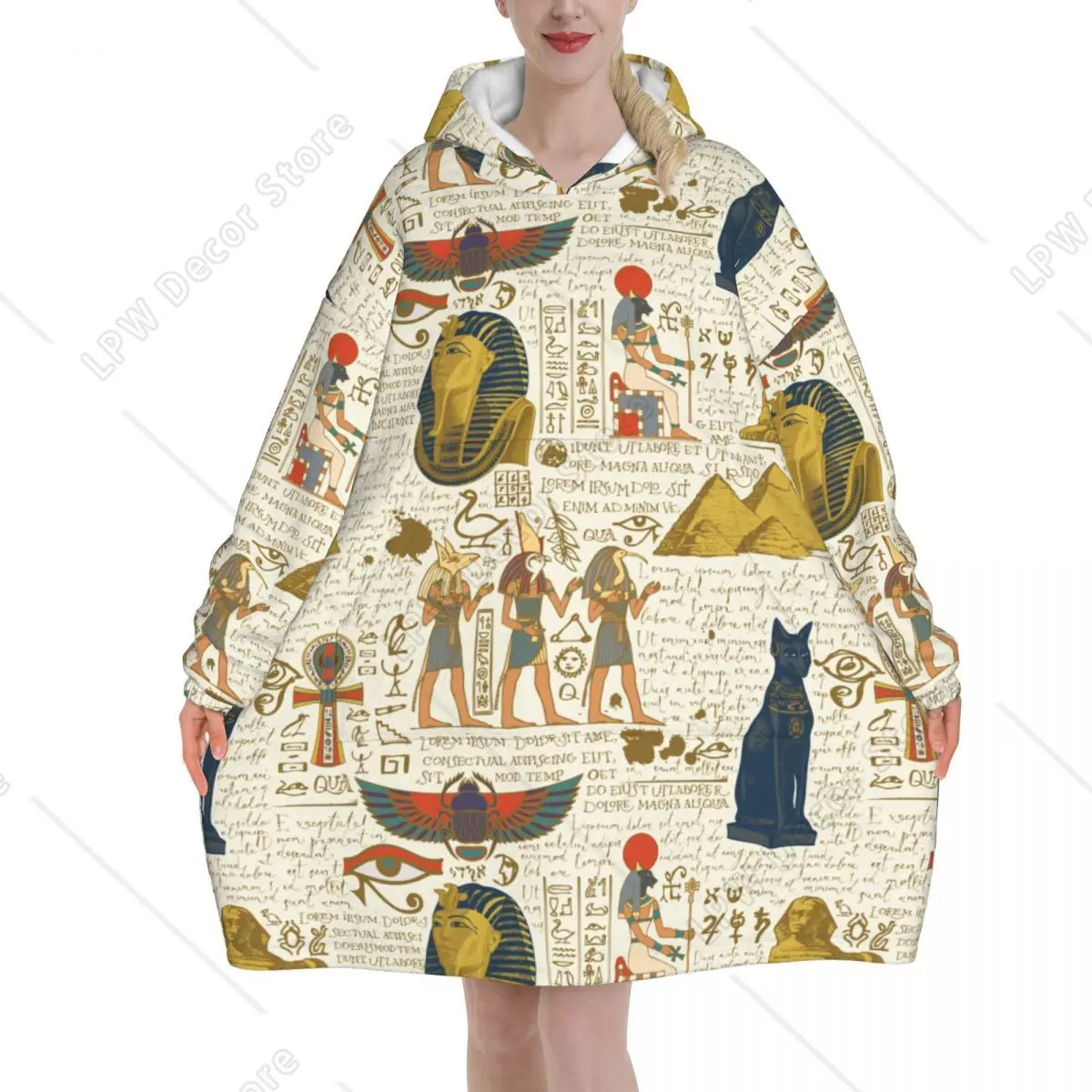 Ancient Hieroglyphs Egypt Gods Blanket Hoodie Oversized Wearable Egyptian Mural Pharaoh Sweatshirt Blanket Warm Gifts for Women