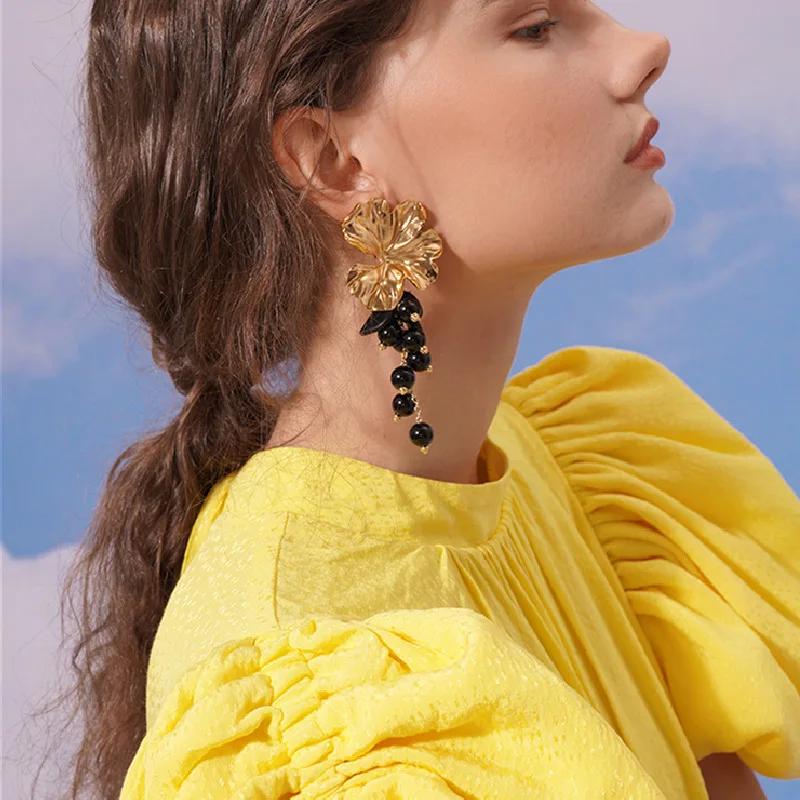 Statement Metallic Flower Beads Tassel Drop Dangle Earrings Etrendy New Fashion Large Long Pendientes Mujer