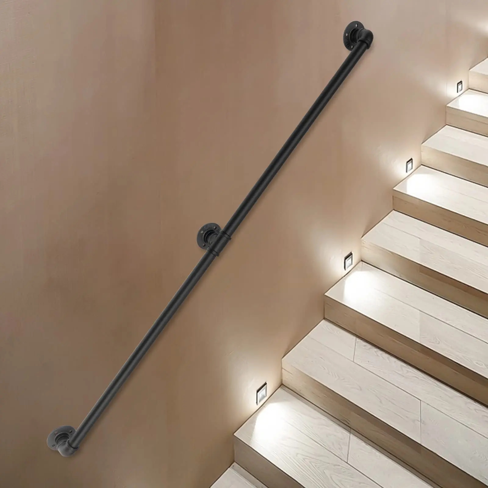 5ft Black Pipe Stair Handrail, Wall Mount Black Galvanized Industrial Hand Rail Iron Loft Pipe Handrail, Metal Railing Non-