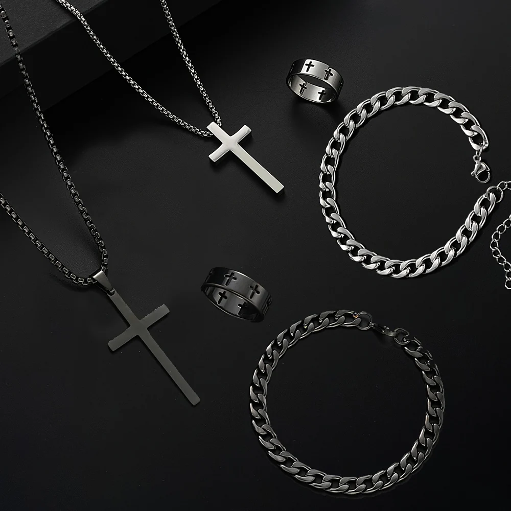 Set da 3 pezzi da uomo in acciaio inossidabile con ciondolo a forma di croce in metallo, collana a catena, bracciale, anello, set di gioielli, accessori da indossare ogni giorno hip-hop maschile