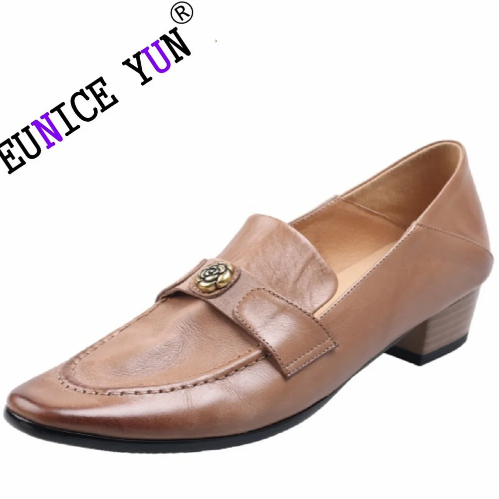 【EUNICE YUN】Handmade New Genuine Leather Loafers Square Toe Chunky Heel Shoes for Ladies Shoes Comfort Mid Heels 34-40