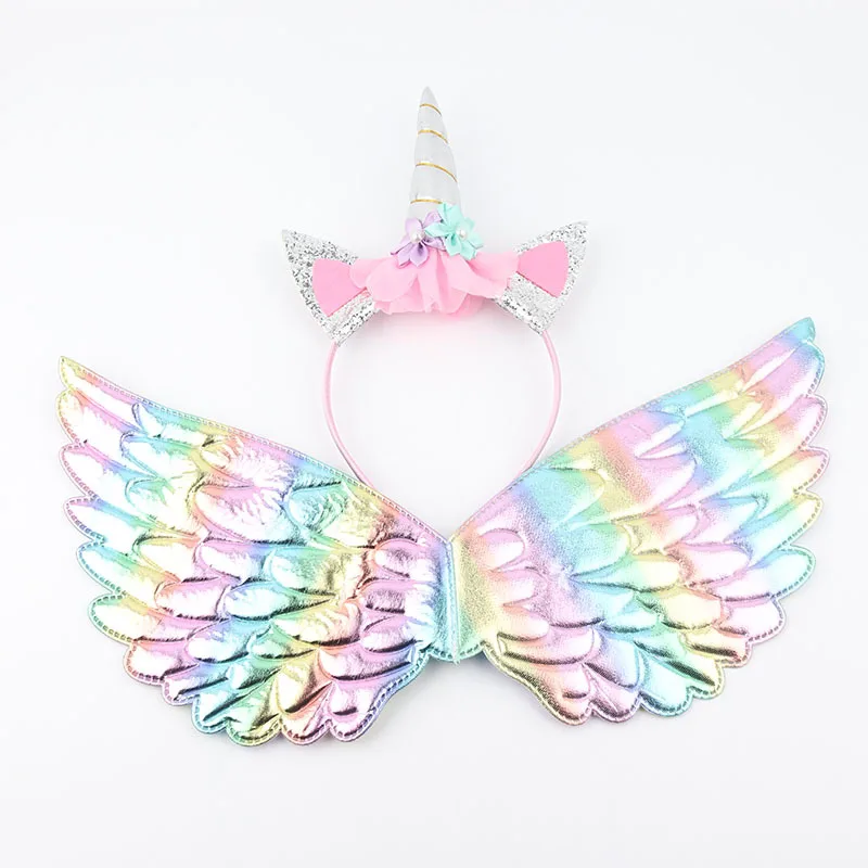 Girls Unicorn Headband Rainbow Wings Cat Ear Cute Hairband Unicorn Birthday Party Decoration Kid Dress Up Toy Cosplay Photo Prop