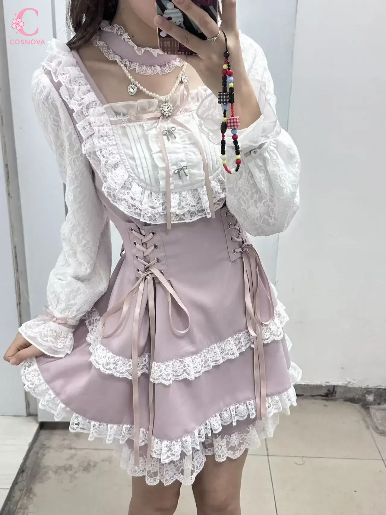 

Lolita Sweet Retro Square Neck Lace Long Sleeve Corset Ruffle Women 2 Piece Set Bow Dress Shorts Female Chic Girly Party Clothes