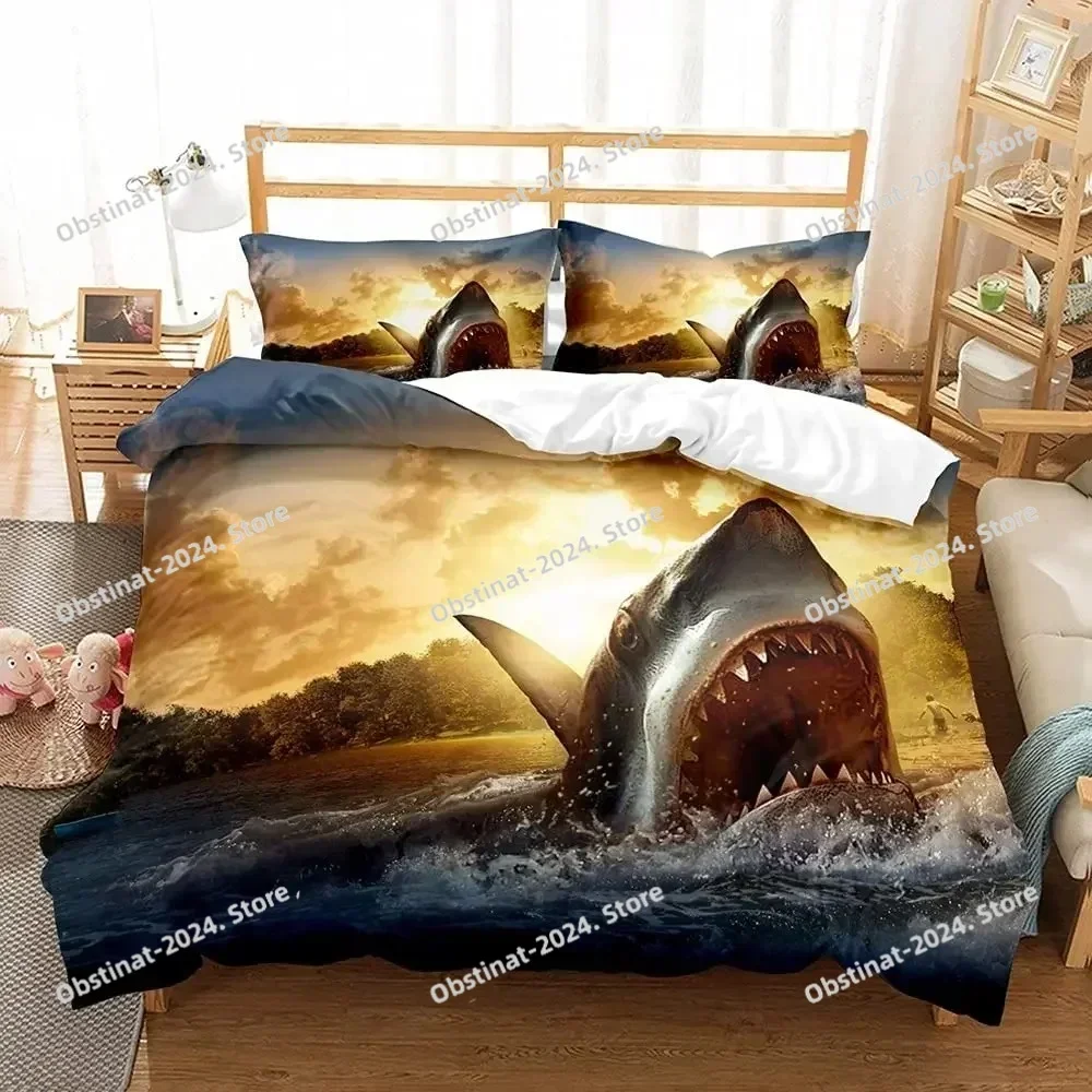Juego de funda nórdica Shark 3D Shark Jumping From Ocean, juego de cama doble con estampado de boca abierta grande, funda de edredón de poliéster doble Queen King