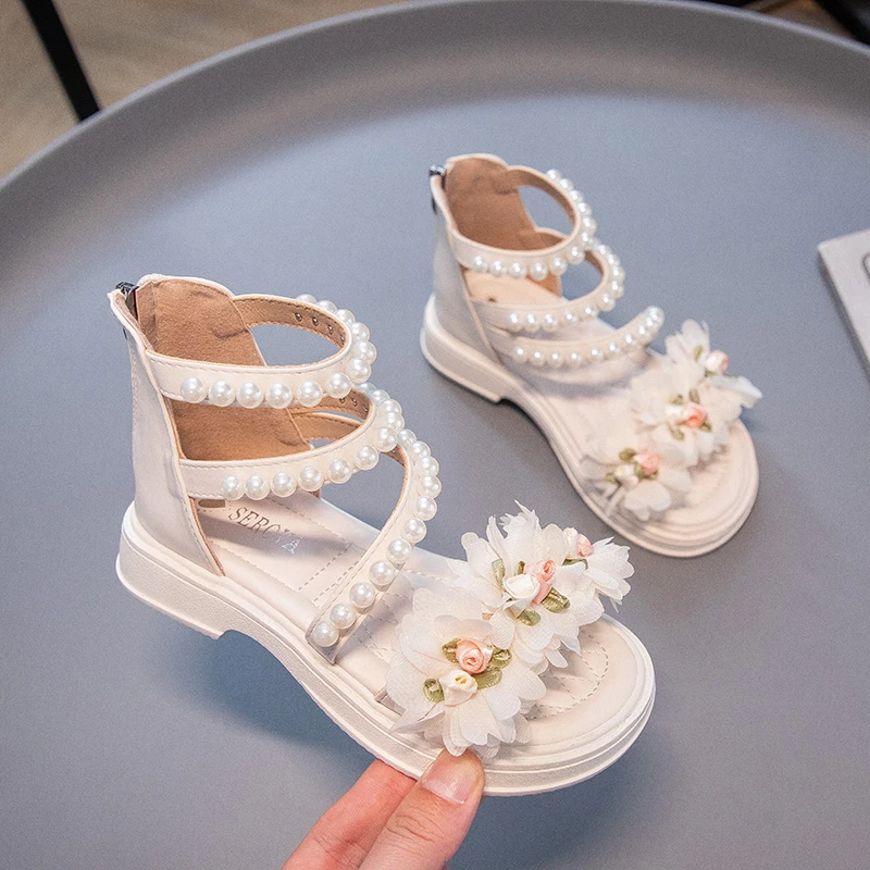 Girls Gladiator Sandals Flowers Children Mary Janes Shoes for Party Wedding Open-toe Pearls Kids Fashion Princess Leather Shoes