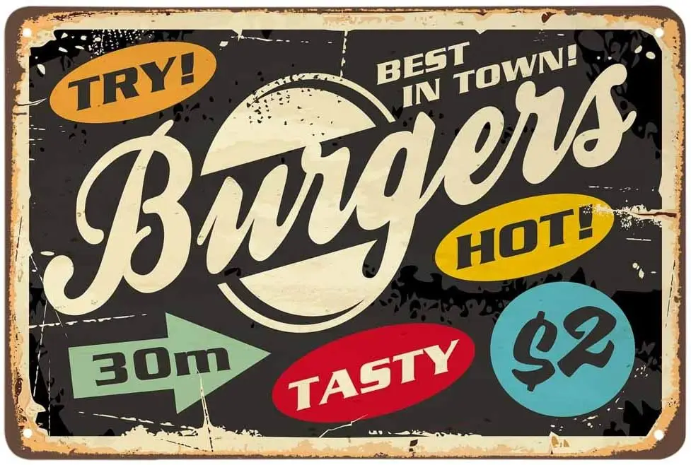 AOYEGO Burger Tin Sign,Hot Delicious Stain Oval Circle Arrow Geometric Retro Spotted Grain Dot Vintage Metal Signs for Cafes Bar