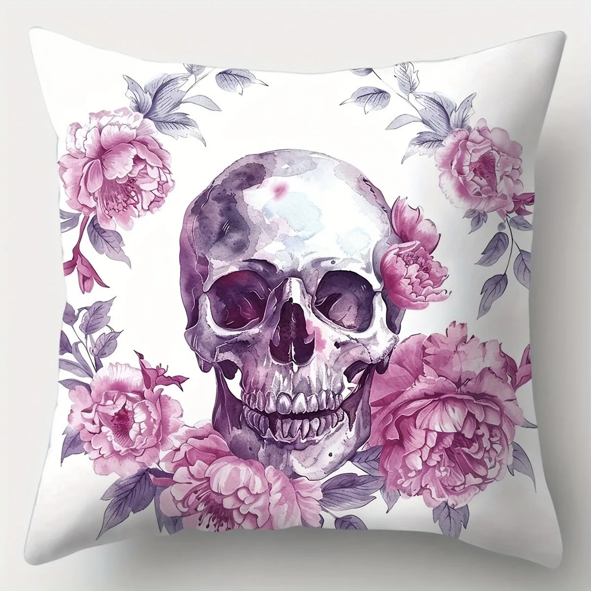 Gothic Floral Skull Peony Cushion Cover Watercolor Art Square Throw Pillow Case Indoor Aesthetic Room Decoration