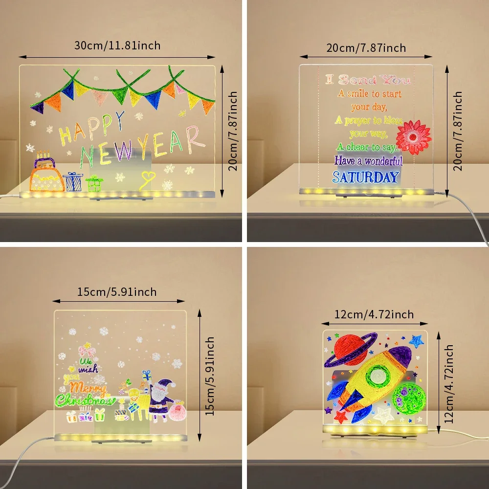 Desktop Transparent Luminous Acrylic Message Board. Night Light Reminder Board with Erasable Writing Function