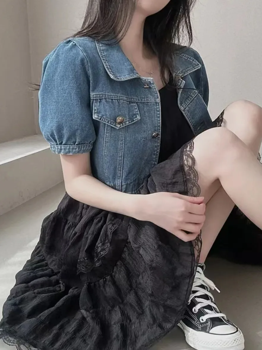 Chic Summer Sweet Fairylike Pleated Lace Strap Dr + Denim ort Sve ort Jaet Two Piece Set Women's Faion Ensemble