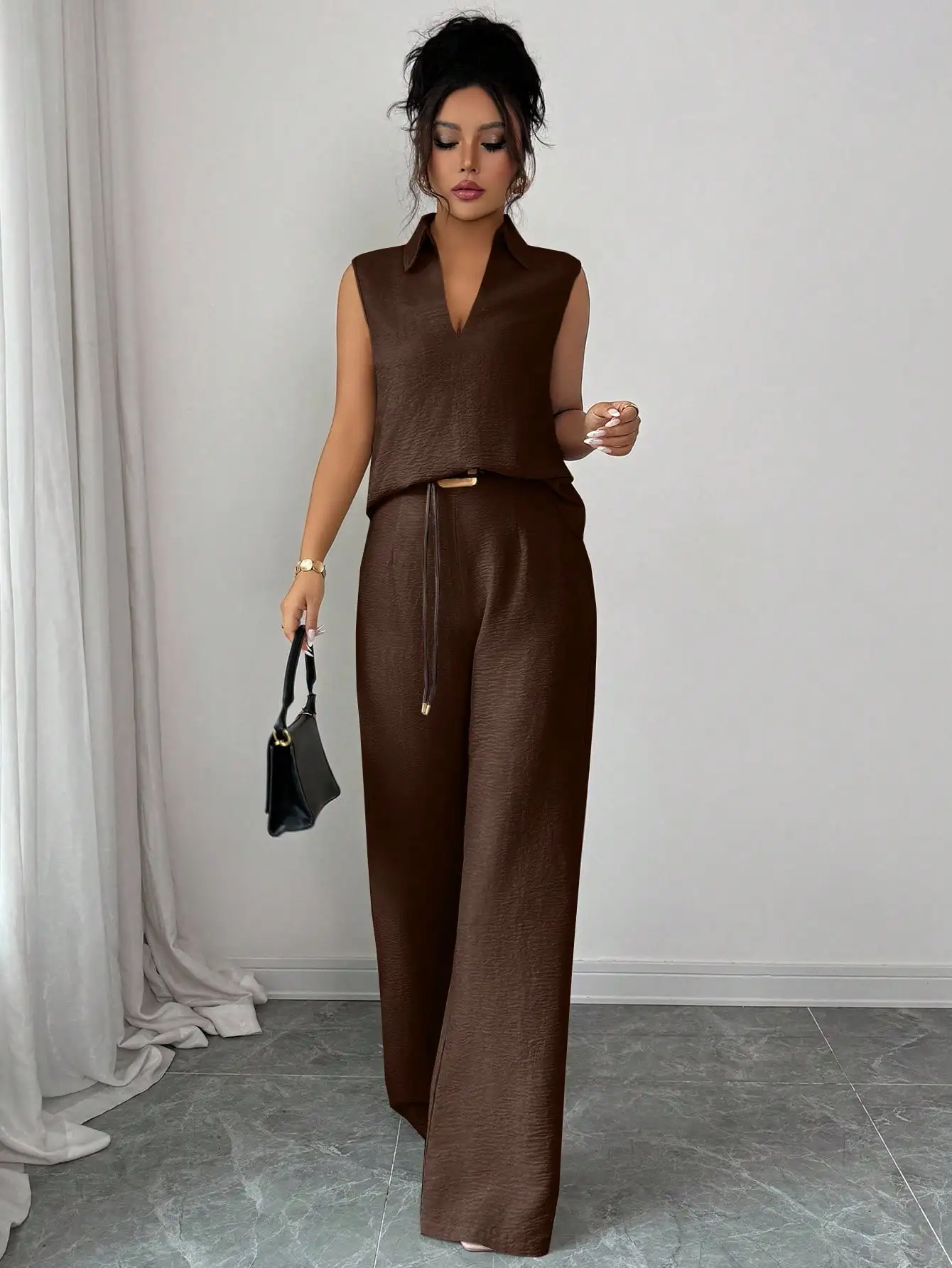 

Women's Sleeveless V-Neck Top And Loose Wide Leg Pants Set Casual Spring Summer