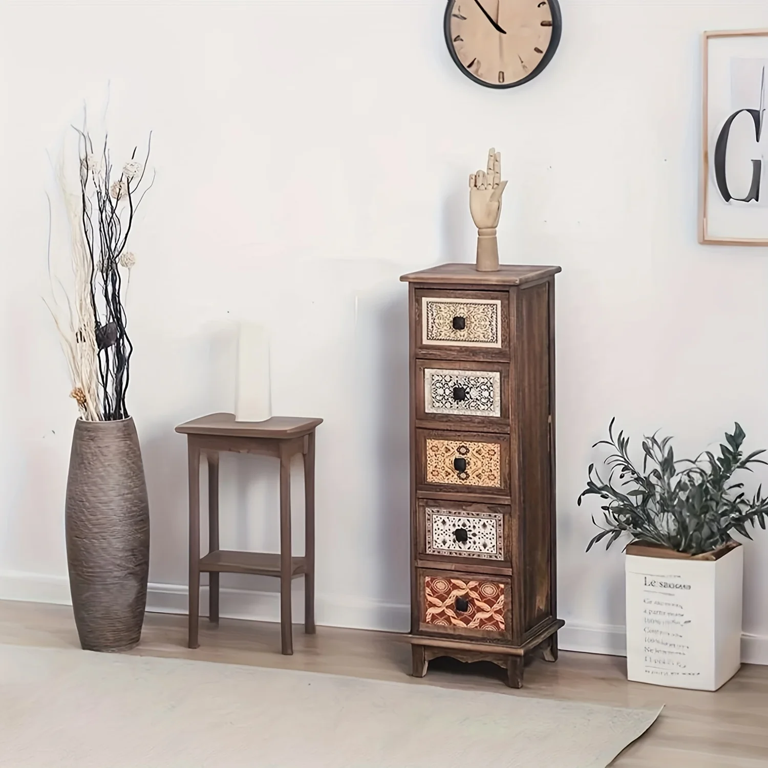 Vintage American Country Wooden Chest of Drawers, Fabric Rattan Nightstand Storage Cabinet for Bedroom, Home Organizer for Socks