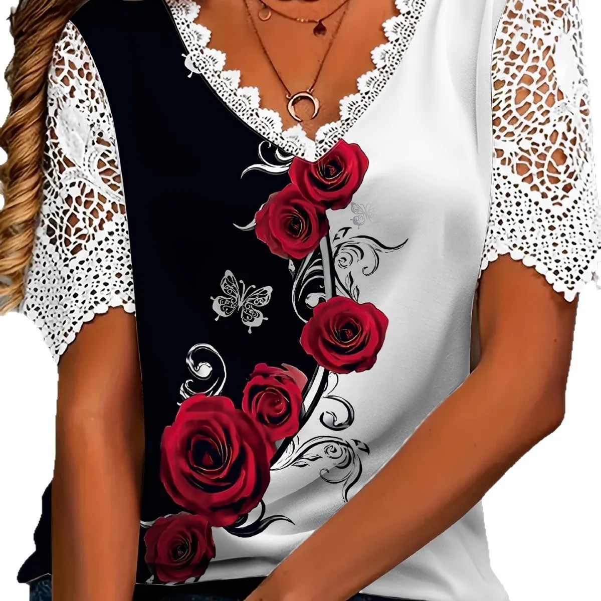 Printed Short Sleeve Top Fitted Graceful Commuter with Elegant Travel Business Skiing Summer Regular Length Pullover Top Women