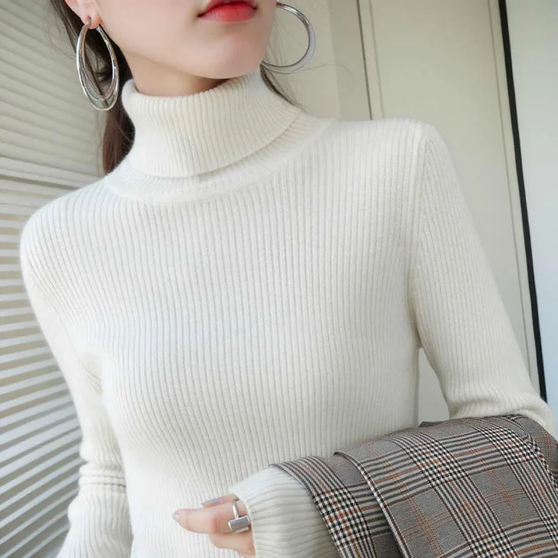 

Turtleneck Women Autumn Knitted Slim Sweaters Solid Knitted Female Cotton Soft Elastic Pullovers Full Sleeve Slim Top