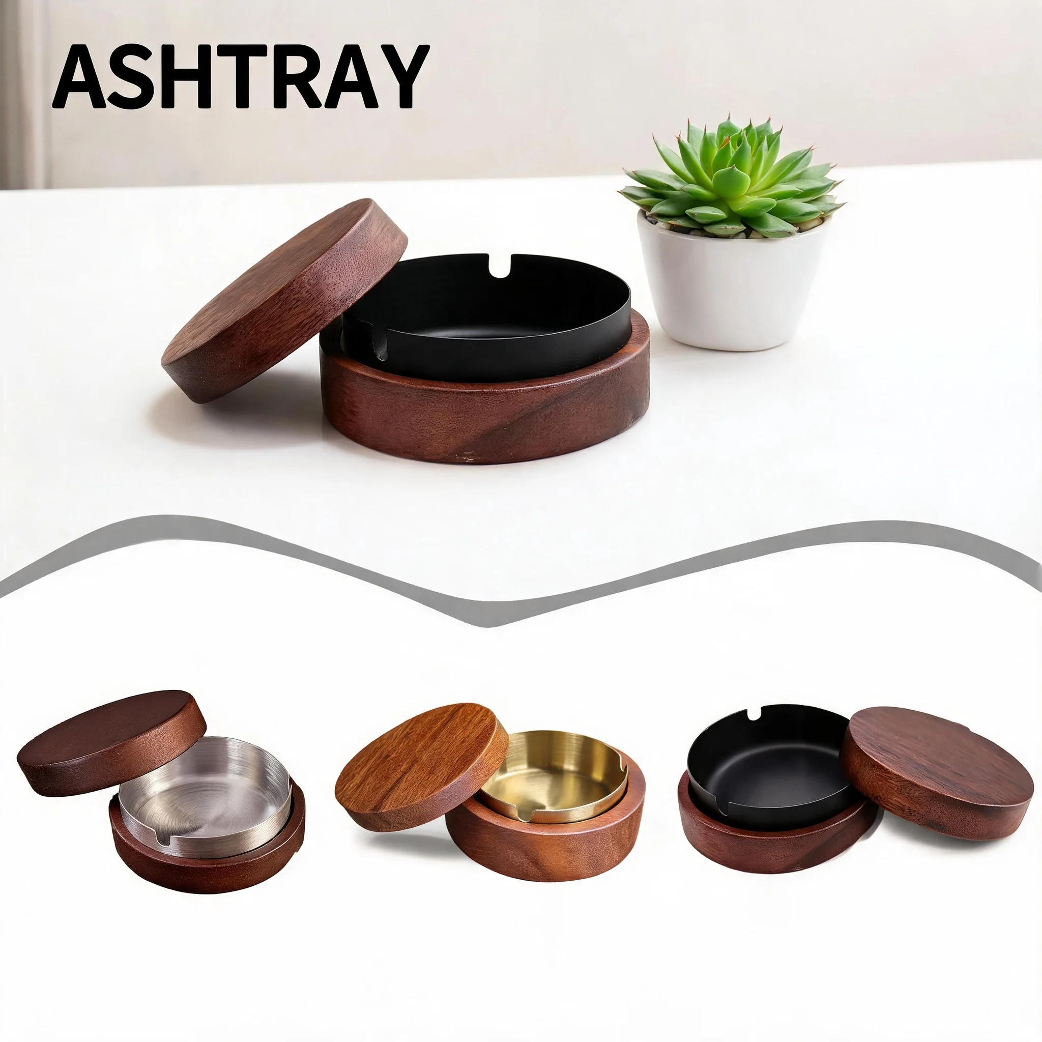 Wooden Ashtray with Lid Windproof Smoke‑Proof Stainless Steel Lining Easy Clean Decorative Ash Holder for Indoor Home