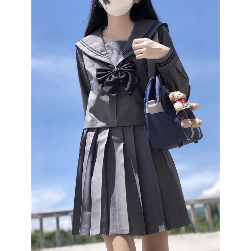 New Basic Jk Tow-Lines Grey Sailor suits Japanese School uniforms Graduation clothes Pleated Skirt Fuku Anime Cos Costumes Women