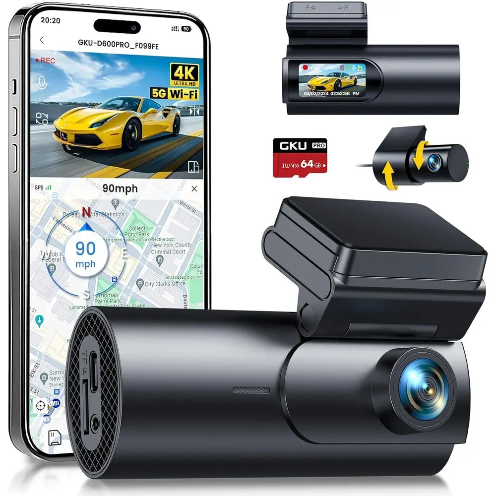 

Двойная камера 4K+1080P, Wi-Fi 5.8 ГГц и GPS, SD-карта 64 ГБ, дисплей 1.47 дюйма, круглосуточный мониторинг парковки, поддержка приложения, ночное видение, Up